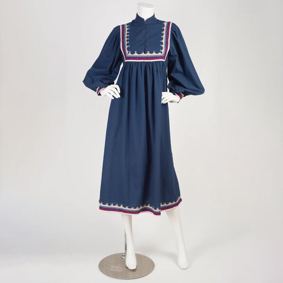 1970s Vintage Poet Sleeve Bohemian Blue Cotton Dress Sz S - Picture 2 of 6